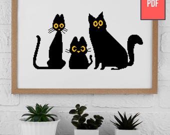 Black Cat Family Cross Stitch PDF Pattern - Three Cats Mom Dad