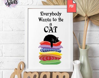 Funny Cat cross stitch pattern for beginners - Needlepoint Kits - Black Cat on Pillows PDF -Modern Pet Lover Embroidery -PT-544
