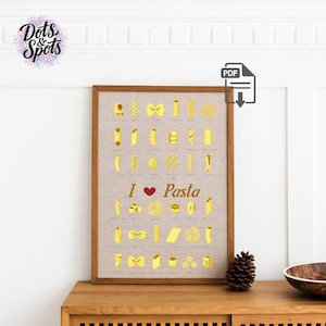 Me encanta la pasta. Patrón de punto de cruz. Bordado divertido para amantes de la comida. Patrón en PDF. Arte mural de cocina italiana. Descarga instantánea P-1183