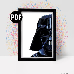 May include: A black and white pixel art image of Darth Vader's head and shoulders. The image is in a black frame with a white background. The image is labelled "PDF" in the top left corner.