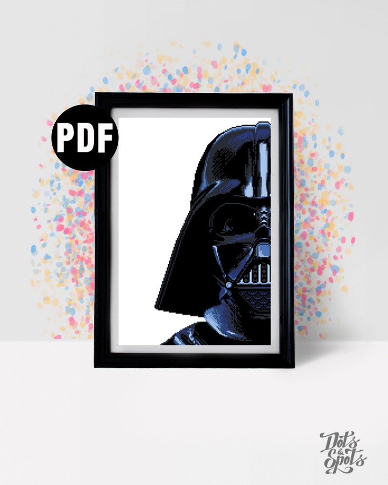 May include: A black and white pixel art image of Darth Vader's head and shoulders. The image is in a black frame with a white background. The image is labelled "PDF" in the top left corner.
