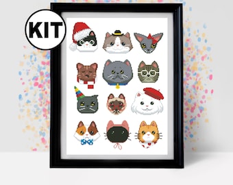 Cat Faces Cross Stitch Kit: Beginner Embroidery, Needlepoint Animal Pattern - K-1107