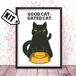 初心者向け猫クロスステッチキット - ニードルポイント - 刺繍 - 黒猫パターン - シルエット - 動物 - モダン装飾 - 黒と白 - K-749