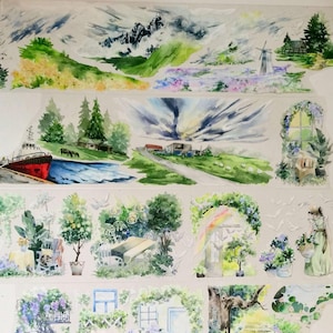 Cinta adhesiva para mascotas con paisaje de campo salvaje, cinta washi, pegatinas kawaii, kit de diario basura, montaña, bosque, jardín, estado de ánimo 407