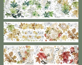 Fall PET Tape, Washi/Clear Tape, Junk Journal Kit, Journal Stickers for Bullet Journal, Scrapbook| Maple Leaf in Fall, Music, Mood-314
