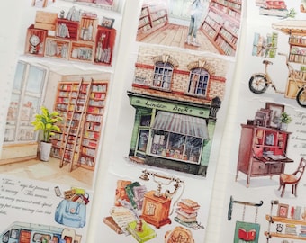 May include: A set of three washi tapes featuring illustrations of a bookstore, a book cart, and a vintage telephone. The tapes are decorated with books, flowers, and other details. The text on the tapes reads "Lindam Books" and "Books Wide".