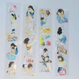 Cinta adhesiva para mascotas para vacaciones infantiles, washi/cinta transparente, diario basura, niña que se queda en casa, estado de ánimo 369