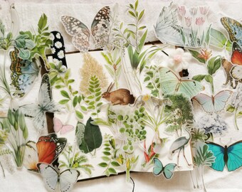 51pcs Plants Junk Journal Kit,  Butterfly Scrapbook Stickers Pack, Nature Vellum Paper Journal Ephemera Pack, Rabit002