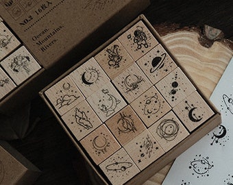 16pcs/set Astrology Rubber Stamps Set, Wooden Stamps, Moon, Universe, AL257