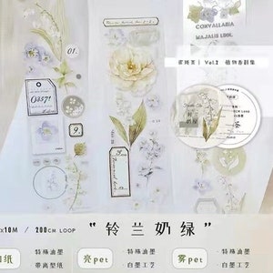 Rollo/muestras de cinta washi de lirio de los valles, hoja de pegatinas para planificador semanal con letras de plantas, kit de diario basura para hacer tarjetas, té de pecas-06