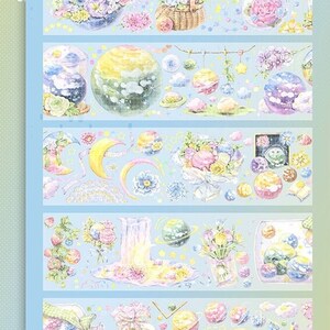 Cinta adhesiva transparente de PET con diseño de luna y flores, pegatinas kawaii, kit para diario basura, planificador, álbum de recortes/Brillo-11