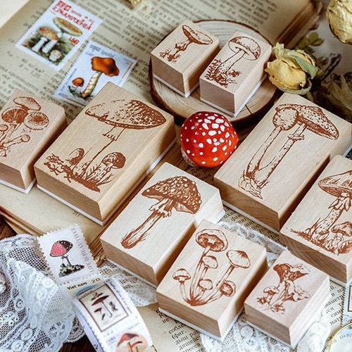Mushroom Rubber Stamp Set Plants Wood Rubber Stamp Vintage Etsy