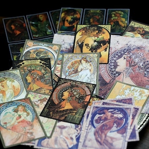 52-delige Mucha Junk Journal-kit, pakket vinylstickers, kortstondige dagboeken, canvaspapier, Rabit003