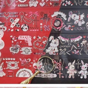 PET-tape met donkere konijntjespop, washi/transparante tape, kawaiistickers, junkjournaalkit voor planner, plakboek | Ketting, sluitingen, glans-17