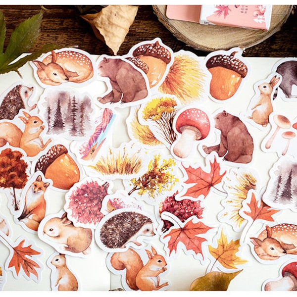 46pcs Fall Stickers, Autumn Forest Animal Sticker Pack,Plant Stickers,Mushroom Vinyl Sticker,Deco Stickers