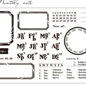 Timbri per planner, timbri per bullet journal, timbri bujo, timbri per calendario, timbri in gomma vintage/numeri, mensili, timbri con cornice, Mood-249