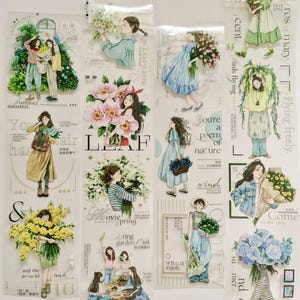 Blumen haltende Mädchen, Picknick PET Tape, Washi Tape, Junk Journal Kit, Deko Aufkleber, Mood-387