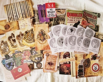 May include: A collection of Harry Potter themed stickers and ephemera, including house crests, character names, and a Hogwarts Express ticket. The stickers are on a white background.