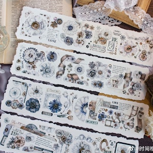 Cinta adhesiva Steampunk PET, washi y transparente, pegatinas kawaii, kit de diario basura para planificador, álbum de recortes/engranajes, películas y flores, TimeGrid-10