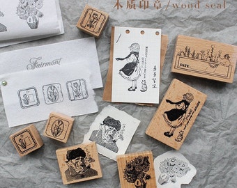 rubber stamps,  rubber stamp set, wood stamp, wood stamps rubber| Tulip, Sunflowers, Girl with Cat, van Gogh  stamps, 7 types