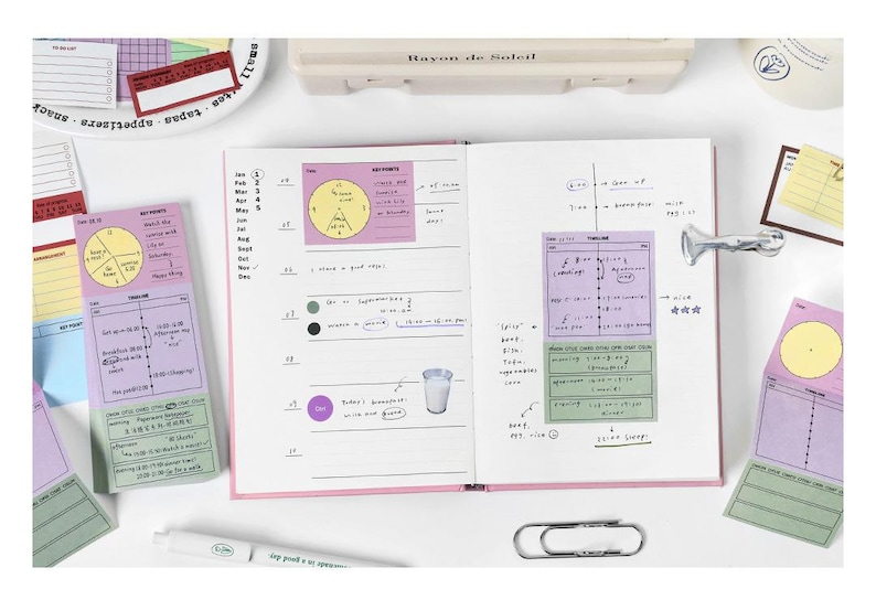 May include: Open notebook with pink edges, featuring handwritten notes and colorful sticky notes. The notes include timelines, pie charts, and lists. A pen, paper clip, and decorative items are also present, creating an organized workspace.