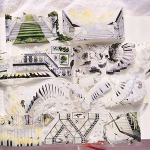 Cinta adhesiva PET, cinta washi/transparente, kit de diario basura, pegatinas kawaii para planificador, álbum de recortes, escaleras de Piano Palace, arquitectura, estado de ánimo-343