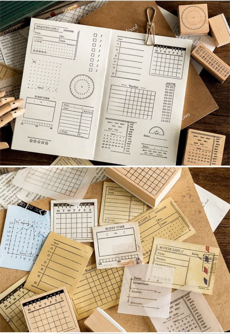 Rubber Planner Stamps Set, Habit Tracker Stamps,Book Stamps for Bullet Journal, Calendar Wood Stamp Rubber,Bujo Stamps 18types image 10