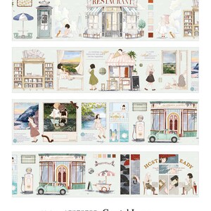 以下が含まれることがあります： 幻想的なスタイルで描かれた、お店や風景の集まりのデジタルイラスト。イラストには、レストラン、コーヒーショップ、ガソリンスタンド、その他様々なお店が描かれている。イラストは薄い青と緑の色合いで、様々なキャラクターやオブジェクトが描かれている。