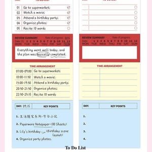 May include: A pink and white To-Do List notepad with a detailed daily schedule. The notepad includes sections for tasks, a review summary, and time arrangements. The text includes the date, key points, and a progress rate.