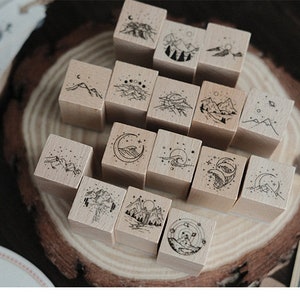 Juego de 16 sellos de goma, sellos de goma vintage, juego de sellos de goma, sellos de madera, sellos de madera de goma/sellos con temática de montaña