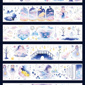 Washi tape samples,washi tape, cute tape, masking tape,deco tape | Night Star, Cloud with Girl PET Tape，55mm Width， JG-06