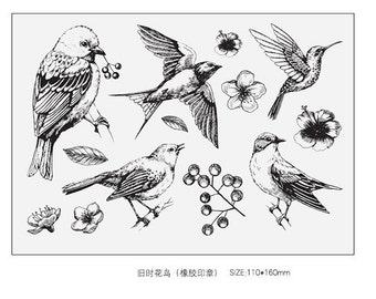 Birds with Flowers Rubber Stamps Set, Rubber Stamp Vintage, Junk Journal Kit, Mood026