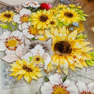 Cinta adhesiva para mascotas con diseño de gatos en forma de girasol, washi/cinta transparente, pegatinas kawaii, kit de diario basura para planificador, álbum de recortes/verano, Tournesol-05