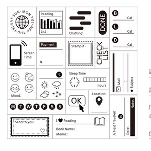 Puede incluir: Un sello de goma en blanco y negro con varios iconos y cuadros de texto para el diario y la planificaci&oacute;n. Incluye iconos para el estado de &aacute;nimo, el clima y un tel&eacute;fono, junto con texto como "Lectura", "Pago" y "Lista de verificaci&oacute;n."
