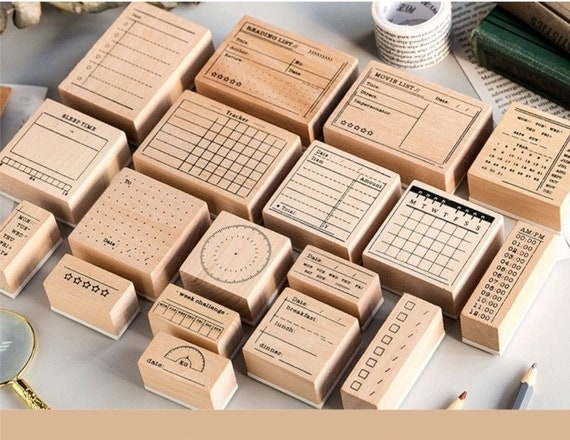 Rubber Planner Stamps Set, Habit Tracker Stamps,Book Stamps for Bullet Journal, Calendar Wood Stamp Rubber,Bujo Stamps 18types