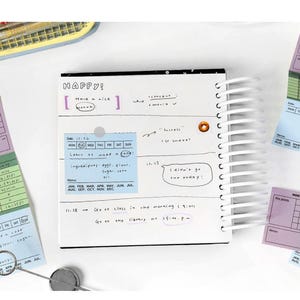May include: A spiral-bound notebook with a black cover and white pages, surrounded by colorful sticky notes. The notebook has handwritten notes and the word "HAPPY!" on the top. The sticky notes are in shades of purple, green, and blue.