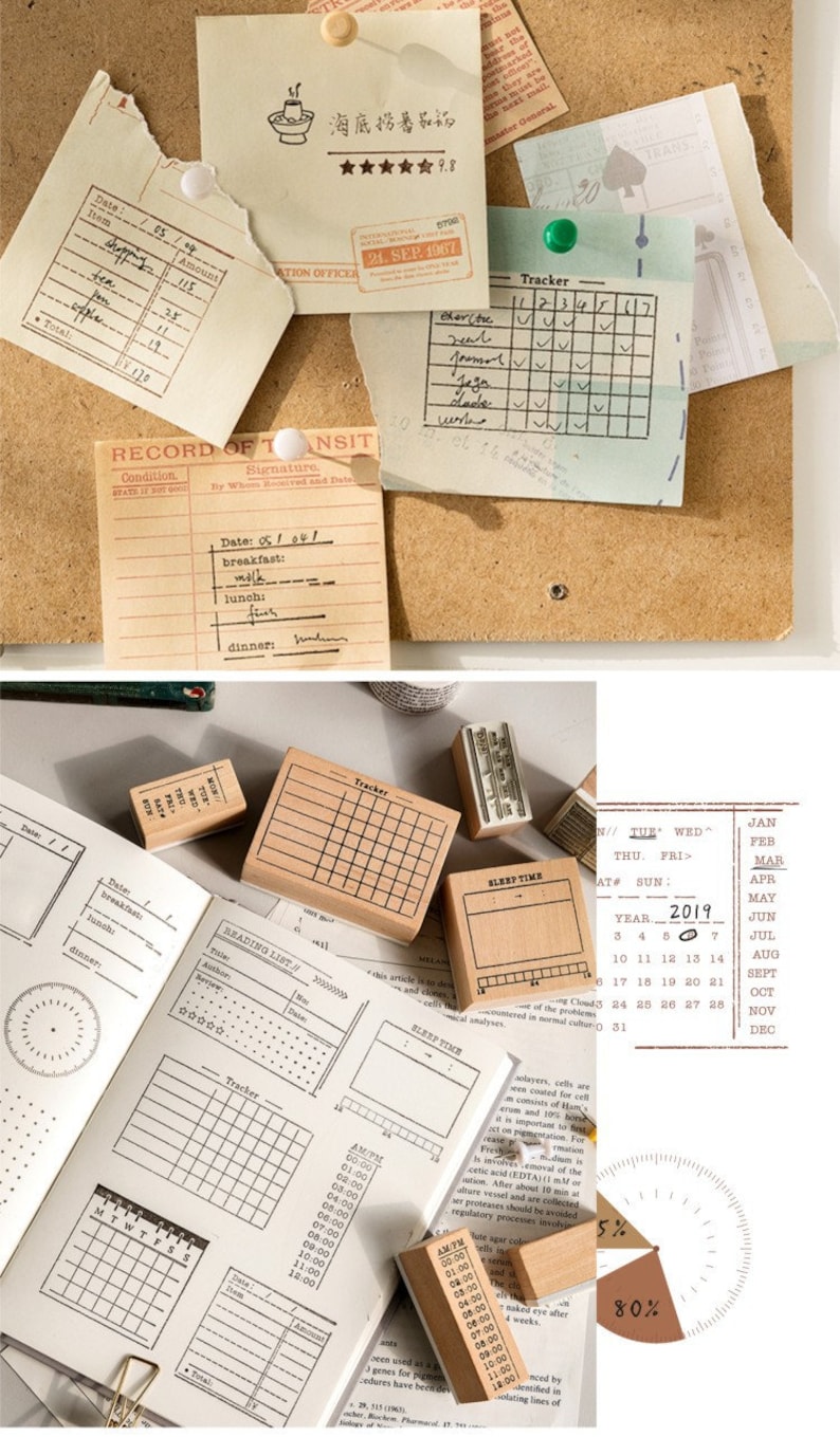 Rubber Planner Stamps Set, Habit Tracker Stamps,Book Stamps for Bullet Journal, Calendar Wood Stamp Rubber,Bujo Stamps 18types image 8