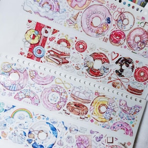 Donuts PET-tape, washi/transparante tape, kawaiistickers, junk-journaalkit, dessert, afternoon tea, Shine-19