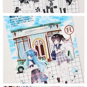 以下が含まれることがあります： アニメ風の女の子が学校の制服を着ているカラフルなステッカーのセット。ステッカーは、書店、コーヒーショップ、花屋台を背景に配置されています。ステッカーは、プランナー、ジャーナル、またはラップトップに遊び心を加えるのに最適です。