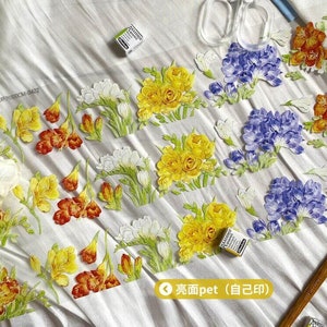 Cinta adhesiva de PET con diseño de flores de fresia, washi/transparente, pegatinas kawaii, kit para diario basura, planificador, álbum de recortes/JYS-06