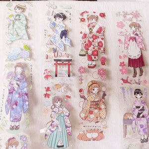 Nastro adesivo PET Summer Kimono Girls, nastro washi/trasparente, adesivi kawaii, kit di diario spazzatura per planner, album di ritagli/Inseason-03
