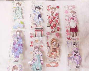 Summer Kimono Girls PET Tape, Washi/Clear Tape, Kawaii Stickers, Junk Journal Kit for Planner, Scrapbook| Inseason-03