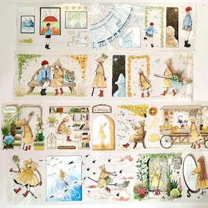 Pode incluir: Tiras de fita adesiva washi decorativas com ilustrações fantasiosas de figuras com chapéus e casacos, cenas com bancos, livros e um carrinho de padaria. A paleta de cores inclui bege, azul e vermelho.