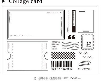 Puede incluir: Una tarjeta de collage en blanco y negro con varios sellos y diseños. La tarjeta incluye un rectángulo grande, un talón de boleto, un patrón de cuadros, un código de barras, un sello postal y una comilla. El texto "TICKETS $68.00 FEES $5.00" está impreso en la tarjeta. El texto "Cut Here" está impreso en la tarjeta. El texto "No. 348579H12309" está impreso en la tarjeta. El texto "66" está impreso en la tarjeta. El texto "10 Cent" está impreso en la tarjeta. El texto "003 17 140704 10" está impreso en la tarjeta. El texto "N. 324957" está impreso en la tarjeta. El texto "拼贴小卡(透明印章) SIZE:110*160mm" está impreso en la tarjeta.