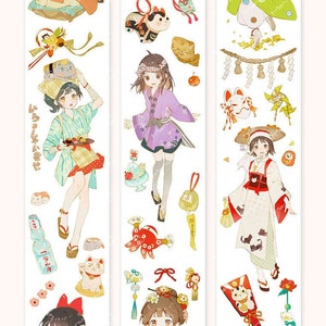 PET Tape, Klebeband, Kawaii Aufkleber, Junk Journal Kit für Planer, Scrapbook| Japanisches Mädchen,Neujahr Sticker Tape,Menu-01