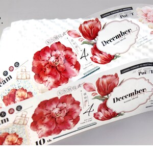PET Tape, Washi/Clear Tape, Junk Journal Kit, Journal Aufkleber für Bullet Journal, Scrapbook|Rote Blume, Satz & Spruch, Etikett, Stimmung-322