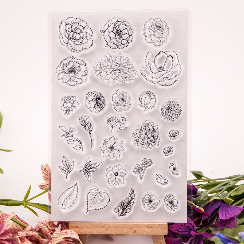 Flowers Clear Stamps Set, Floral Rubber Stamps Set for Scrapbook,Rubber Stamp Vintage, Junk Journal Kit, image 1