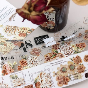 PET-tape, washi/transparante tape, rommeljournaalkit, dagboekstickers voor Bullet Journal, plakboek| Washi-tape met bruine bloemen, Mood-320