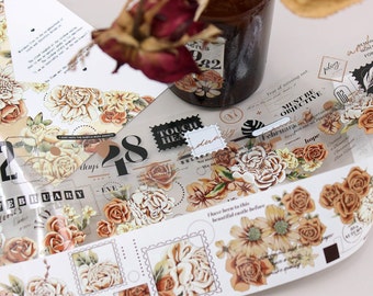 PET-tape, washi/transparante tape, rommeljournaalkit, dagboekstickers voor Bullet Journal, plakboek| Washi-tape met bruine bloemen, Mood-320