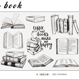 Puede incluir: Ilustraciones dibujadas a mano de libros abiertos y cerrados, con la frase "Coffee and books make me happy". La imagen también incluye la palabra "book" y el tamaño del sello, 110 mm x 160 mm.